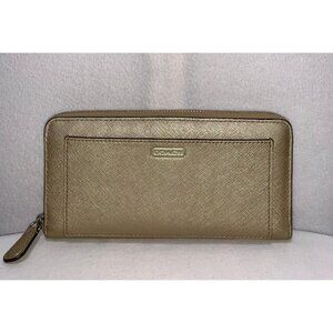 Coach Crossgrain Leather Zip Around Wallet Front Pocket Gold